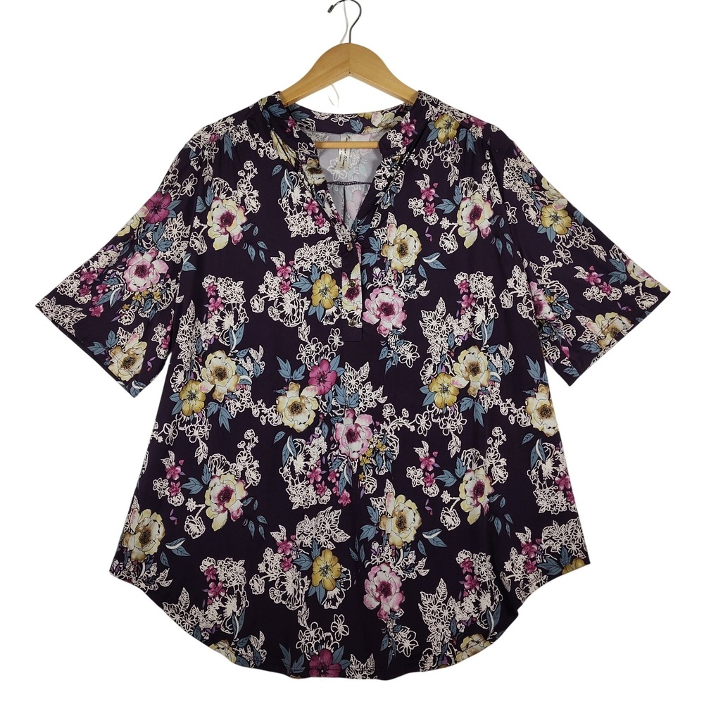 Perception Women Floral Blouse Purple Short Sleeve Split Neck Top 2X TP-WM-218